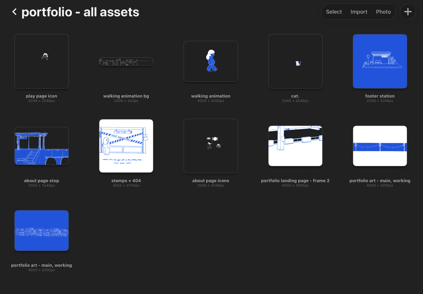 Procreate gallery view of all the hand-drawn assets made for this portfolio